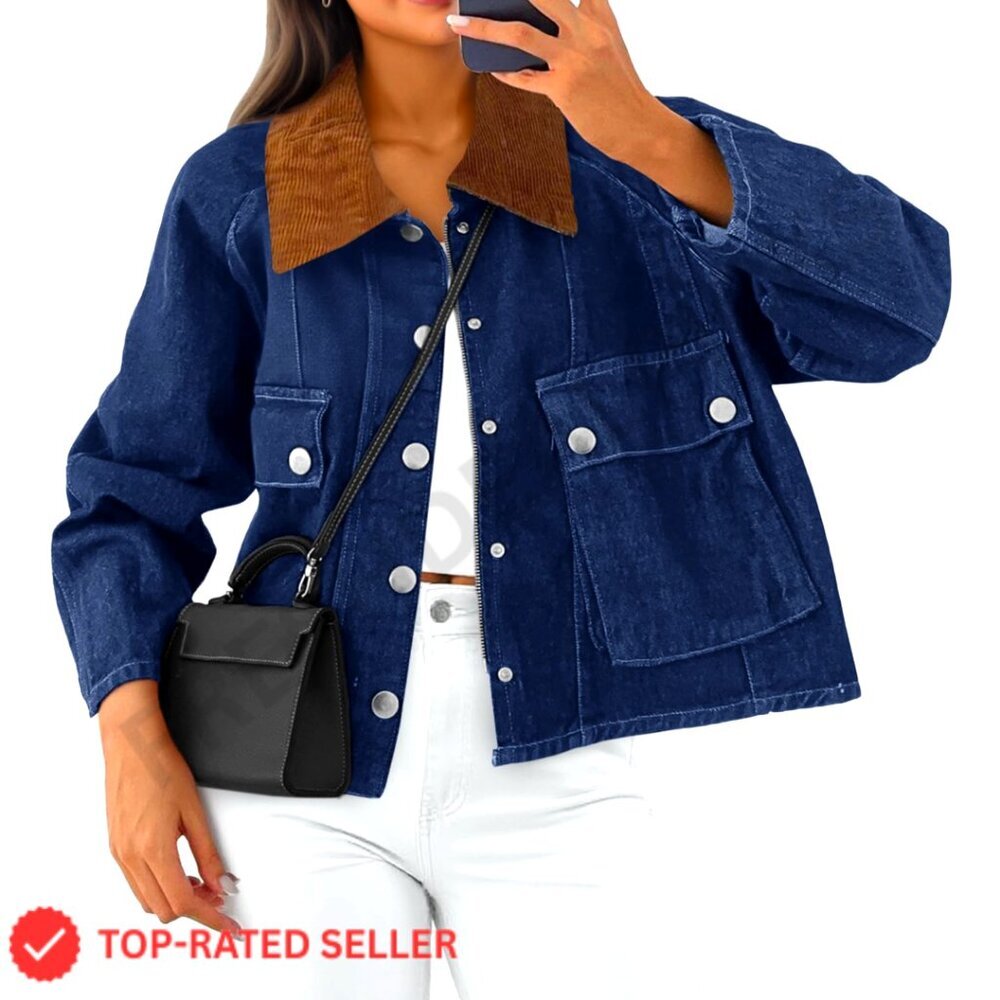 Cropped Denim Jacket Corduroy Collar Button Down Casual Barn Style Loose Fit
